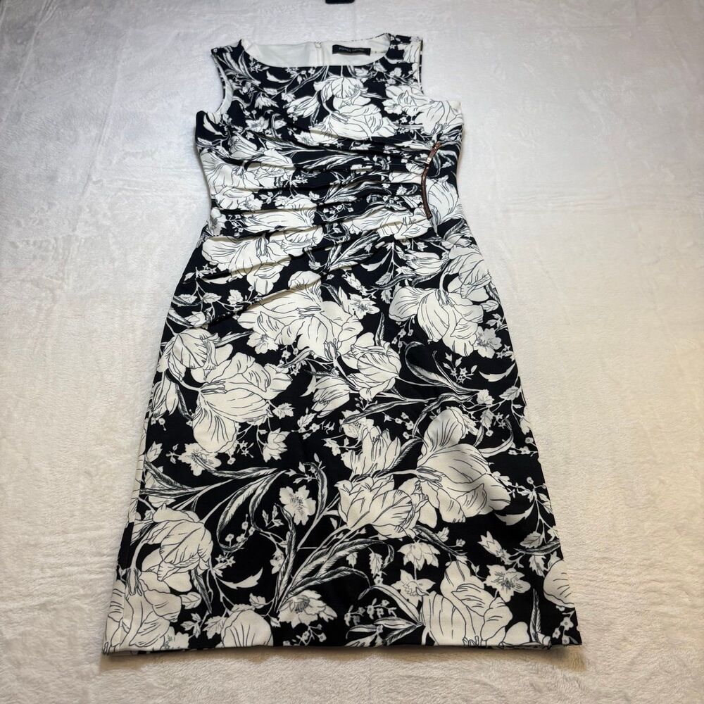 Ivanka Trump Black White Floral Dress Size 2 Ruched Sheath Knee Length Sleeveles